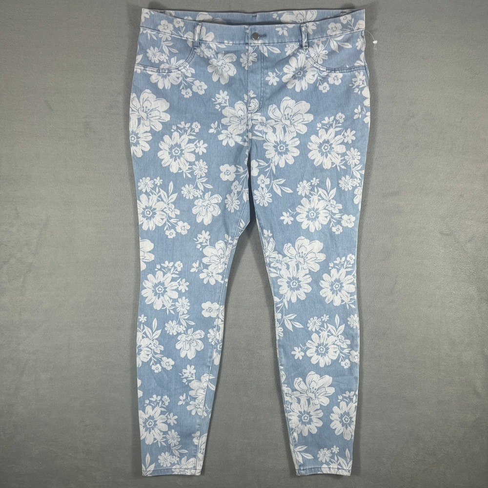 Time and Tru Womens Pants XXL (20) Blue White Floral Skinny Full Length Stretch